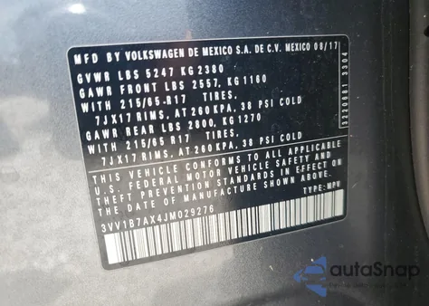 2018 Volkswagen Tiguan S из США, поврежденный, VIN 3VV1B7AX4JM029276